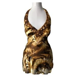 Cache Jeweled Halter Top Mini Dress Gold Animal